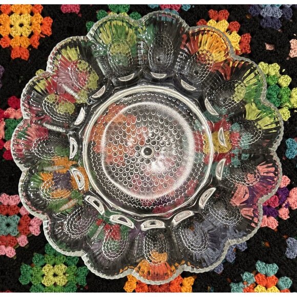 Vintage Indiana Glass Deviled Egg Dish Relish Tray Clear Hobnail Round 11" - Picture 3 of 4